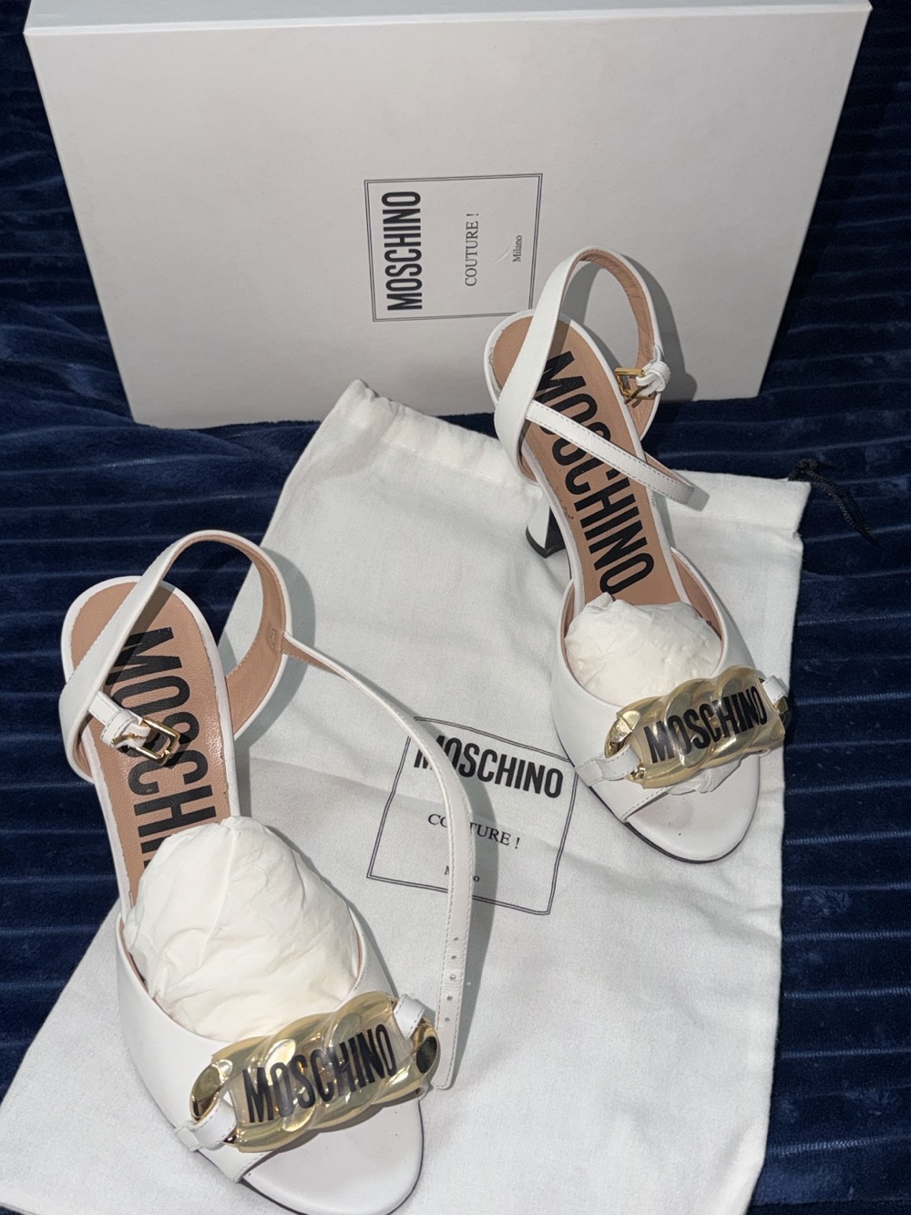 Moschino White Leather Gold Logo Accent Slingback Heels